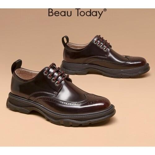 Brogues Men Shoes Genuine Cow Leather Wingtips Round Toe Colorful Lace-Up Platform Derby Shoes for Men Handmade BeauToday 55512