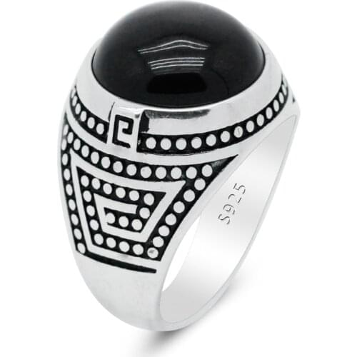 Male Ring 925 Sterling Silver Ring Black Natural Agate Stone Vintage Gemstone Party Wedding Jewelry Gift Fine Jewelry E Letter