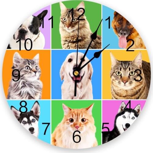 Dogs And Cats Colorful Print Wall Clock Wall Art Silent Non ticking Round Wall Watch for Home Decortaion Best Gift