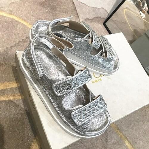 2021 New Sandals Leather Thick Bottom Super Flash Rhinestone Open Toe Sandals Women Summer