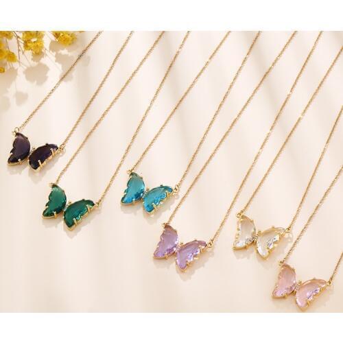 Fashion Stainless Steel Six Colors Crystal Butterfly Pendant Necklace For Women Glamour Female Color Butterfly Necklace Jewelry