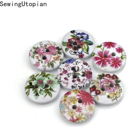 50Pcs 2 Holes Cartoon Flower Round Painting Wooden Buttons for Clothing DIY Gift Decorative Button for Needlework
