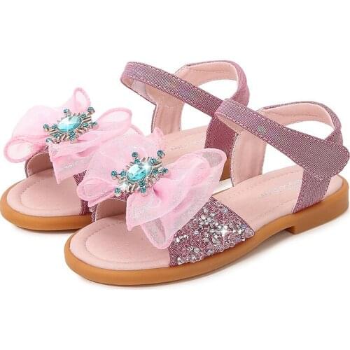 Girls Sandals Summer Princess Shoes 2021 New Baby Crystal Childrens Soft Sole Beach Shoes Bow-knot Sweet Cute for Party Flats