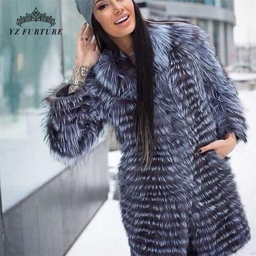 Natural Real Sliver Fox Fur Coats For Women Genuine Leather Fox Fur Female Jacket Stripes Long Fur Coats For Girls Luxury FC-141