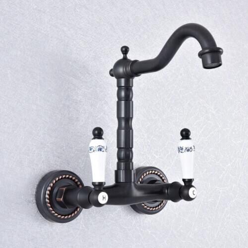 Oil Rubbed Bronze Bathroom Basin Swivel Spout Faucet Wall Mounted Dual Ceramic Handles Vessel Sink Mixer Taps Nsf746