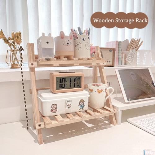 Storage Rack Wooden Double Layers Commodity Shelf Multifunction Foldable Shelving Hollow-out Desktop Organizer For Dormitory