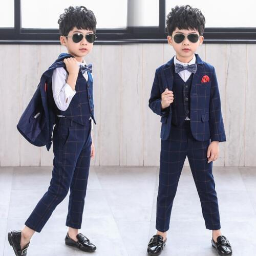 Spring Autumn Children Formal Suit Set England Flower Boys Wedding Party Plaid Costume Kids Tuxedo Vest Pants Shirts Clothes Set
