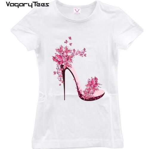New beautiful Pink/Yellow High heels personality printed summer t shirt women tops tees short sleeve fashion Casual T-shirt