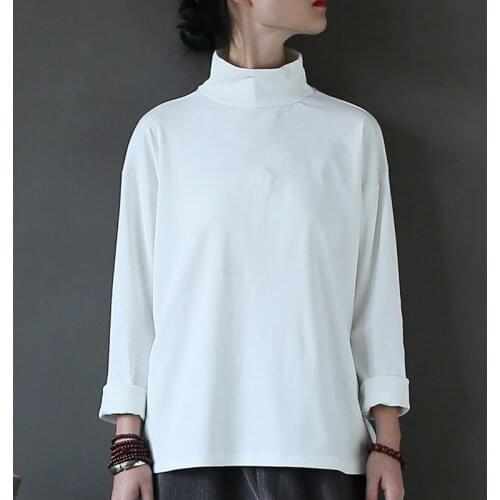 Women Casual Knit Cotton Turtleneck Tee Shirt Ladies T-shirt Loose Solid Color Tops Tees Female Spring Autumn T shirt