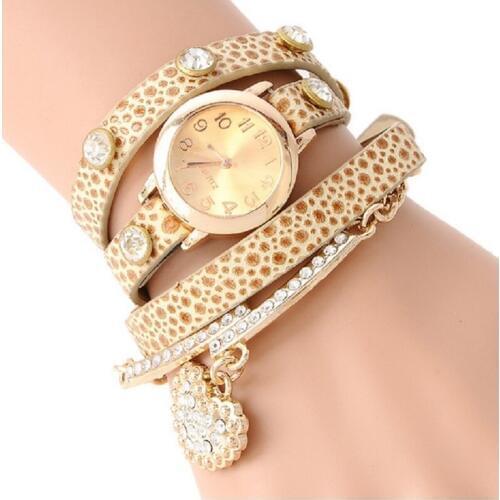 Leopard Heart Watch women Golden Strap PU Leather Watch vintage wrap wristwatch Rhinestone woman Watch Fashion Dropship