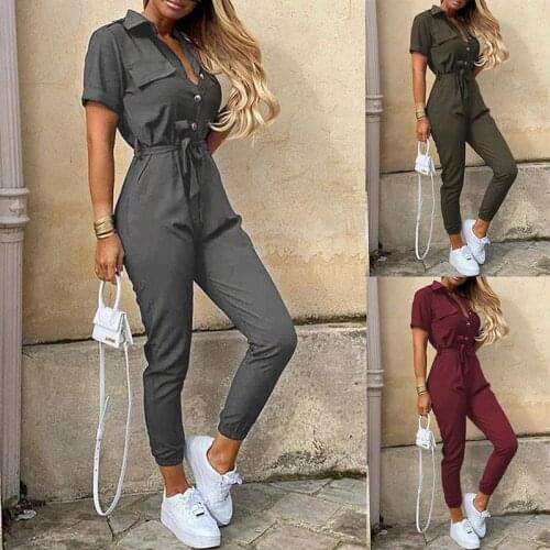 Women Jumpsuit Solid Color Summer Casual Printed Belt Bandage High Waist Work Overalls Ladies Shirt Collar Sexy Button Jumpsuits