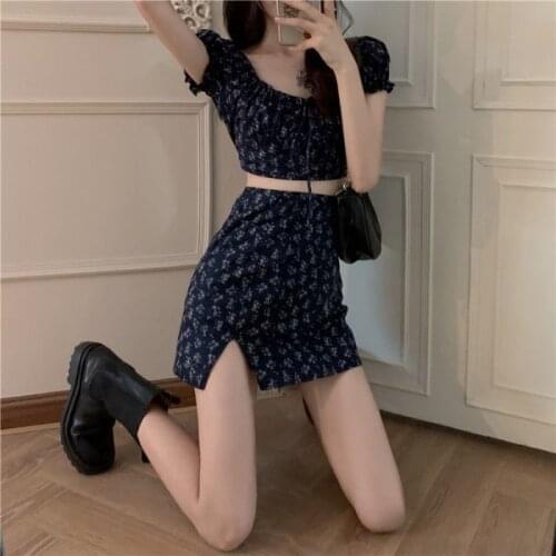 Suit Womens Night Purple Rose Puff Sleeve Short Shirt + Floral Split Short Skirt