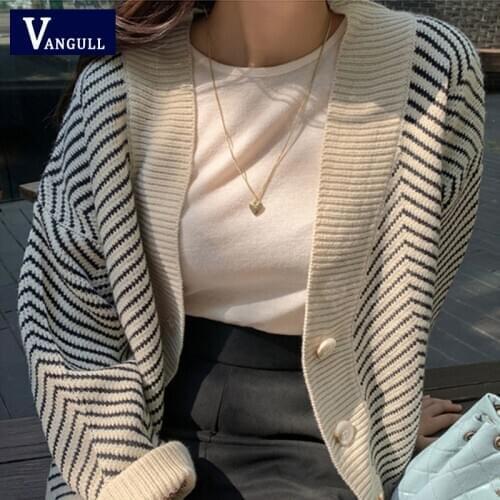 Vangull 2020 Womens Knitwear Autumn Winter Striped V-Neck Cardigans Buttons Oversize Korean Style Lady Sweaters Vintage Tops