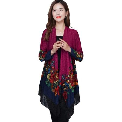 Women Spring Cape Shawl 2021 New Female Mid-length Printing Shawl Middle-aged Mom Fashion Outside Cloak Plus Size Cardigan 5XL A