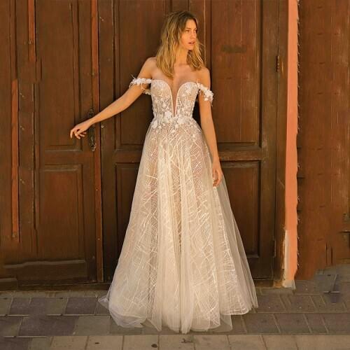 Eightree Champagne Glitter Flowers Sexy Wedding Dresses for Beach Wedding Gowns Lace Feathers Bridal Dress Custom Made 2021