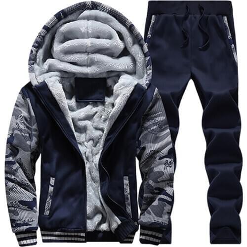 Winter Tracksuit Men Casual Thicken Fleece Hooded Hoodies Warm Fur Jacket+Pant Track Suit Camo Sport Sweatshirts Brand Clothing