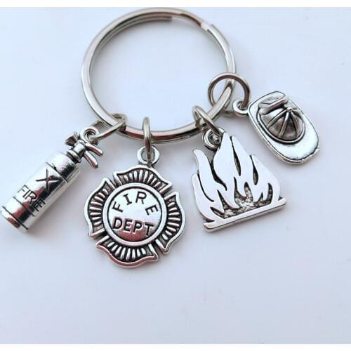 1pcs DIY Creative Metal Fireman Hat Keychain Fire Extinguisher Keychain Flame Keychain Fire Alarm Badge Keychain Hero Gift