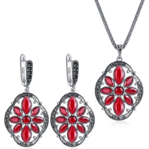 Ajojewel Vintage Turkish Rose Red Resin Jewelry Sets For Women Stone Flower Earrings Necklace Set Women Accessories