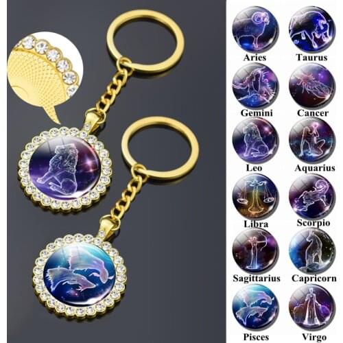 1pc 12 Constellation Gold Plated Keychain Fashion Glass Rhinestone Jewelry Keyrings Leo Libra Crystal Key Chains Birthday Gifts