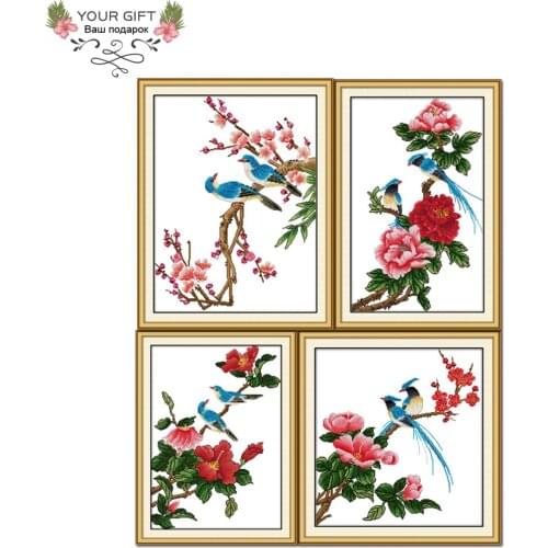 Joy Sunday Poetic Home Decoration H009(1)(2)(3)(4) 14CT 11CT Counted Stamped Birds And Flowers Cross Stitch kit