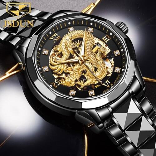 JSDUN Mens Gold Hollow Automatic Watch Luxury Mechanical Watch Stainless Steel Waterproof Mens Watch Relogio Masculino 8840