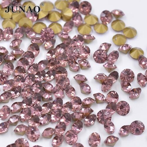 JUNAO SS6 8 10 12 16 20 30 Light Purple Glass Point Back Rhinestone Applique Face Nail Crystal Stickers Round Strass For Bags