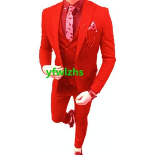 Handsome One Button Groomsmen Peak Lapel Groom Tuxedos Wedding Dress Men Suits Blazer Prom Dinner (Jacket+Pants+Tie+Vest) A176