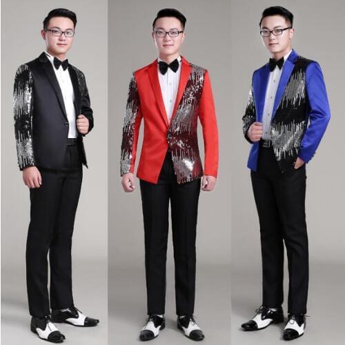 Men suits designs homme terno stage costumes for singers men sequin blazer dance clothes jacket star style formal dress red blue