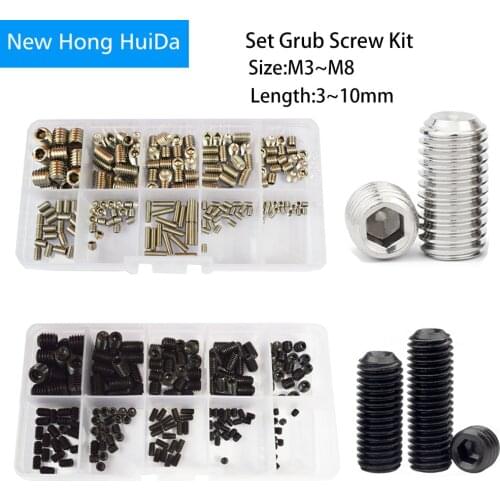 Set Grub Screw Metric Headless Hex Allen Socket Head Bolt Assrotment Kit Set 304Stainless Steel M3 M4 M5 M6 M8