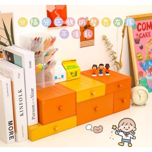 Desk Storage Holder Desktop Organizer for Desk Storage Box with Cover Plastic Box Drawer Stationary Supplies Yellow Orange Color