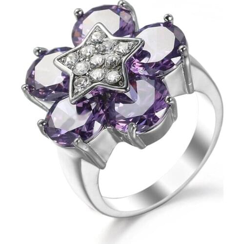 New Top Quality Luxury Flower Shaped Forever Clear Shine Purple CZ Five-star Point Finger Rings for Women Wedding Jewelry Gift