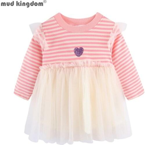 Mudkingdom Cute Heart Toddler Girl Dress with Wing Tulle Long Sleeve for Girls Clothes Fluffy Stripe Kids Spring Autumn Dresses