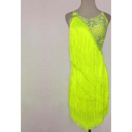 Latin Dance Dress Sexy Backless Shiny Rhinestone Fluorescent Yellow Tassel Skirt Cha Cha Rumba Samba Tango Show Wear DNV11773