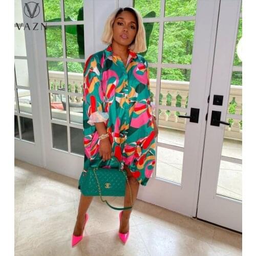 VAZN 2021 Summer Street Style Colorful Print Shinny Loose V-neck Full Sleeve Sport Clothing Shirts Women Top