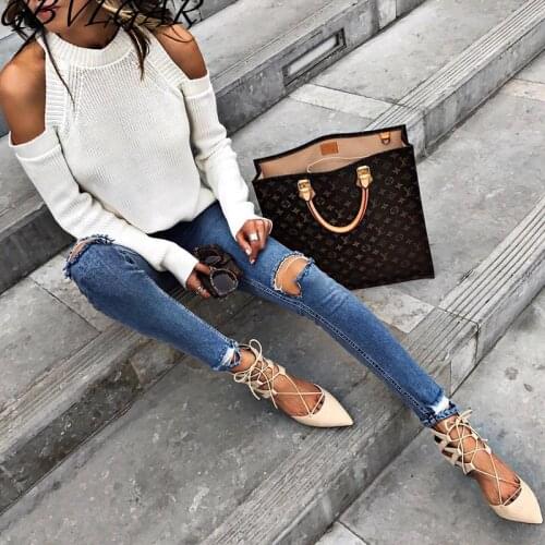 Sexy Off Shoulder Slim Autumn Sweater White Tight Top Women O Neck Long Sleeve Casaul Knitted Pullover Female Winter Clothes