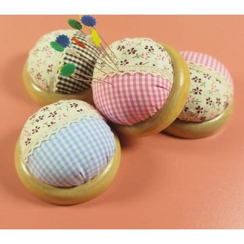 Fabric Splicing Round Pin Cushion Needle Storage Holder Tools DIY Home Sewing Needlework Accessory with Wooden Base