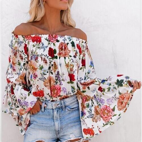 Women Blouse Sexy Off Shoulder Long Flared Sleeve Floral Print Loose Blouse shirt Top oman fashion 2020 elegant ropa de mujer