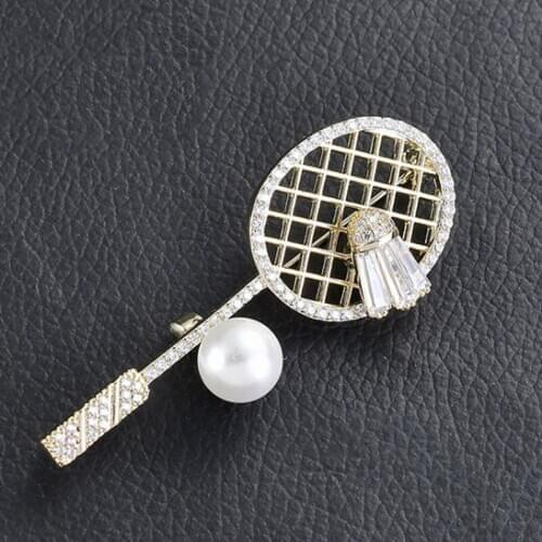 Zlxgirl jewelry metal copper pave zircon Badminton racket shape brooches jewelry brand womens pearl bridal scarf pins gifts