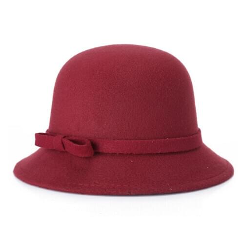 New High Quality Ladies Women Girls Vintage Wool Felt Bowler Derby Fedora Trilby Bowknot Fedoras Hat Cap For Woman Basin cap
