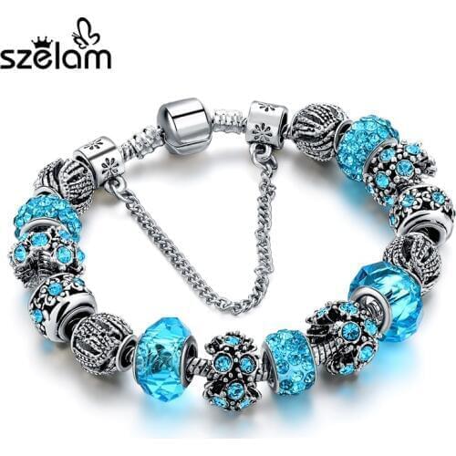 Dropshiping Charm Jewelry Silver Bracelets For Women Blue Crystal Beads Bracelet Female Pulseras Mujer SBR160158