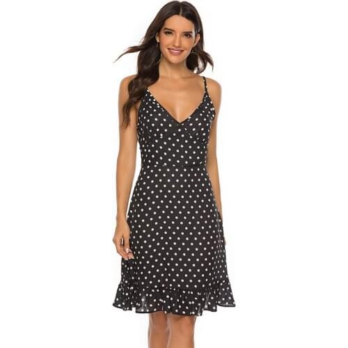 Spaghetti Strap Bohemia Black And White Dot Print Bandage V-Neck Backless Ruffles Dresses Women Chiffon Summer Dress