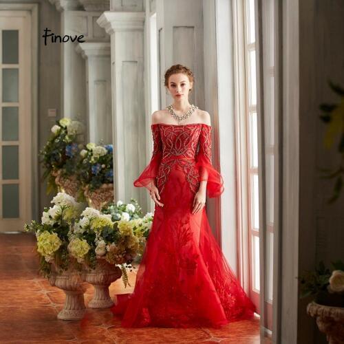 Finove Evening Dresses 2019 New Design Red Sexy Boat Neck Backless Beading Floor-Length Long Mermaid Formal Womens Dresses