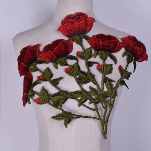 1 Set Red Lace Fabric Neckline Collar Embroidered Applique DIY Rose Patches Wedding Dress Accessories Handmade NL428