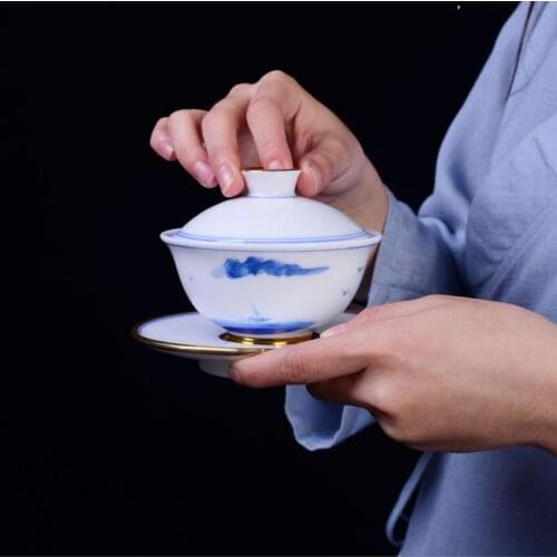 150ml Blue and White Porcelain Cover Bowl Single Large Hand-Painted Tea Bowl Chinese Kungfu Teaset Ceramic Thin Sancai Gaiwan