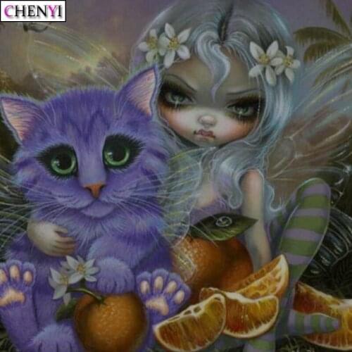 Diamond Mosaic Embroidery Kit Cat Girl Elf Diamond Painting 5D Resin Full Rhinestones Cartoon Picture Room Decor Handicraft Gift