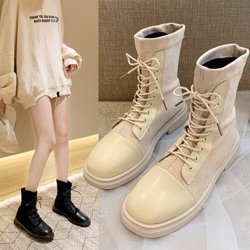 Patchwork cross-tied boots women low heels round toe ankle botas slim comfy femme brief motorcycle short botines footwear 2020