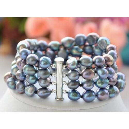 Free Shipping 4row 8"NATURE BLACK BAROQUE pearl BRACELET
