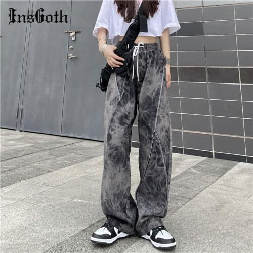 InsGoth Grunge Wide Leg Black Pants Harajuku Vintage Tie Dye Straight Trousers Goth Streetwear Y2K Loose Dancing Outfits