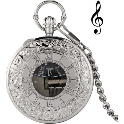 Silver Music Pocket Watch Manually Playing Music Swan Lake Song Unisex Quartz Watches Roman Number Clock Pendant Chain Watches