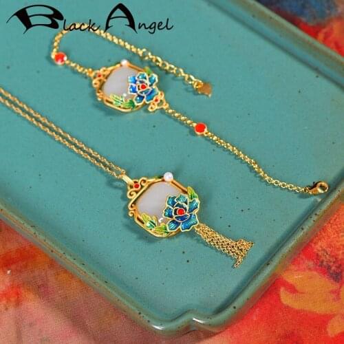 BLACK ANGEL New Vintage Chinese Wind Jewelry Set Khotan Jade Gold Peony Flower Necklace Bracelet for Women Mothers Day Gift